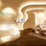 Reception lounge with sofa and signage wall, Beautyskin Skin Care Center, Johor Bahru