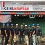 Team of workers in helmets posed outside office, Bina Kejayaan, Tebrau