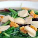 A plate of stir-fried greens with egg and mushrooms, Four Seasons Restaurant Sdn Bhd, Kota Bharu