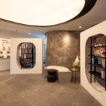 Waiting lounge with bookshelves and product display shelves, Hair Library, Petaling Jaya