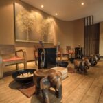 Foot spa seating area with elephant stools and wooden decor, HealthLand, Subang Jaya