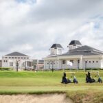 Golf clubhouse building with carts on course, Kota Seriemas Golf & Country Club, Seremban