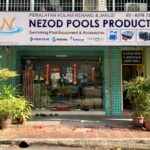 Shopfront with signboard for pool equipment store, NEZOD Pools Products, Batu